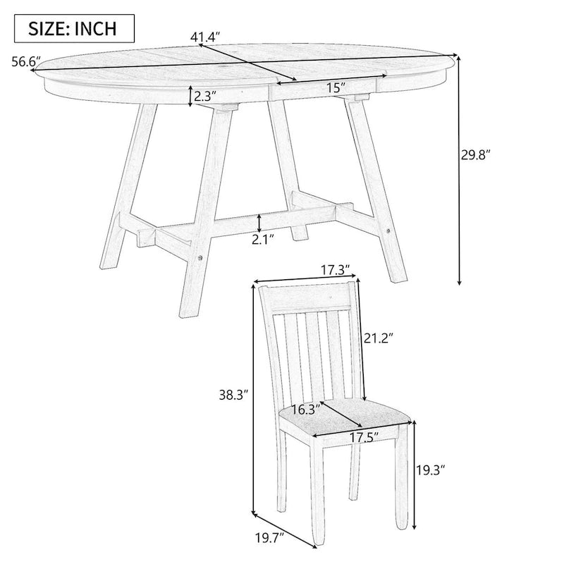 Ensemble table à manger et 4 chaises en bois, table ronde extensible, pour 4 personnes