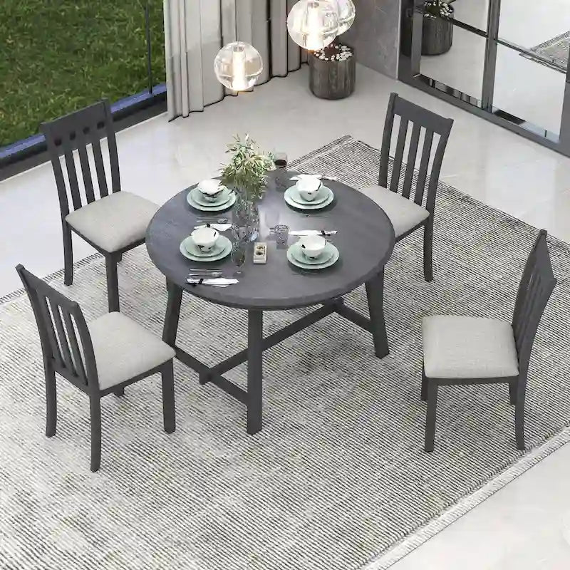 Ensemble table à manger et 4 chaises en bois, table ronde extensible, pour 4 personnes