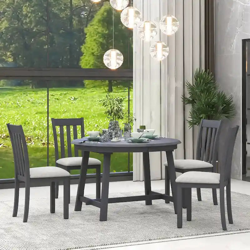 Ensemble table à manger et 4 chaises en bois, table ronde extensible, pour 4 personnes