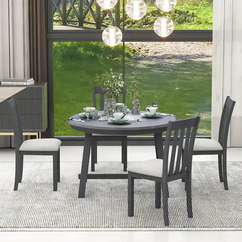 Ensemble table à manger et 4 chaises en bois, table ronde extensible, pour 4 personnes