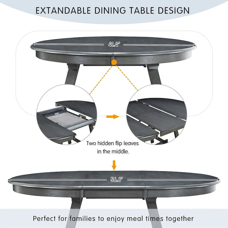 Ensemble table à manger et 4 chaises en bois, table ronde extensible, pour 4 personnes