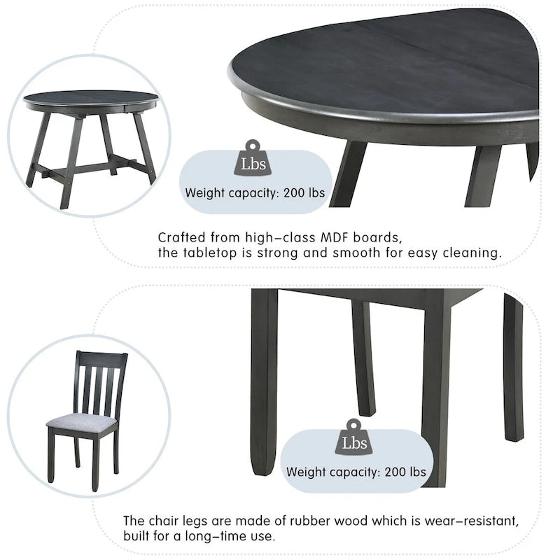 Ensemble table à manger et 4 chaises en bois, table ronde extensible, pour 4 personnes
