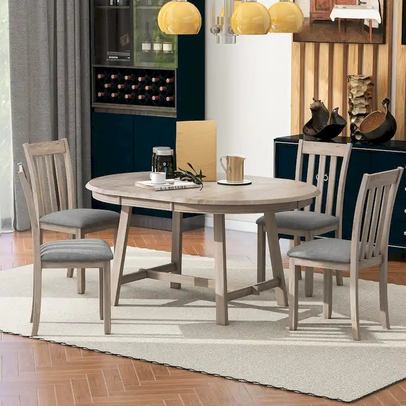 Ensemble table à manger et 4 chaises en bois, table ronde extensible, pour 4 personnes