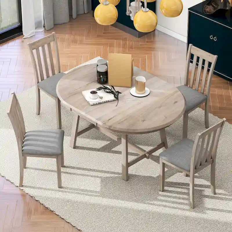 Ensemble table à manger et 4 chaises en bois, table ronde extensible, pour 4 personnes