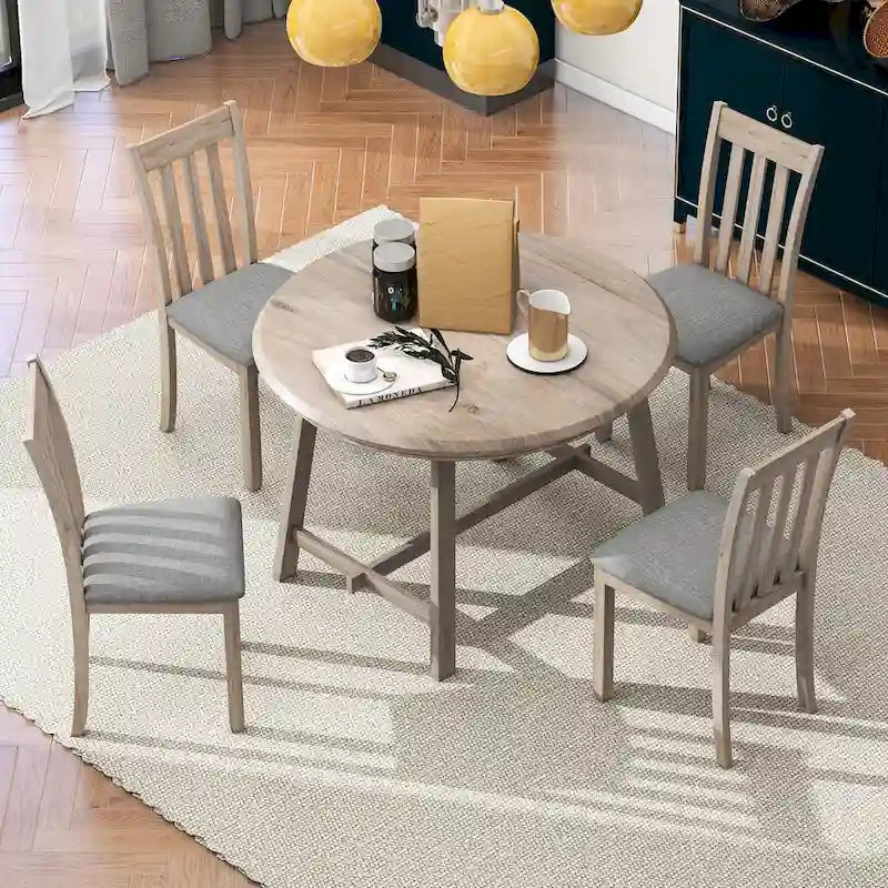 Ensemble table à manger et 4 chaises en bois, table ronde extensible, pour 4 personnes