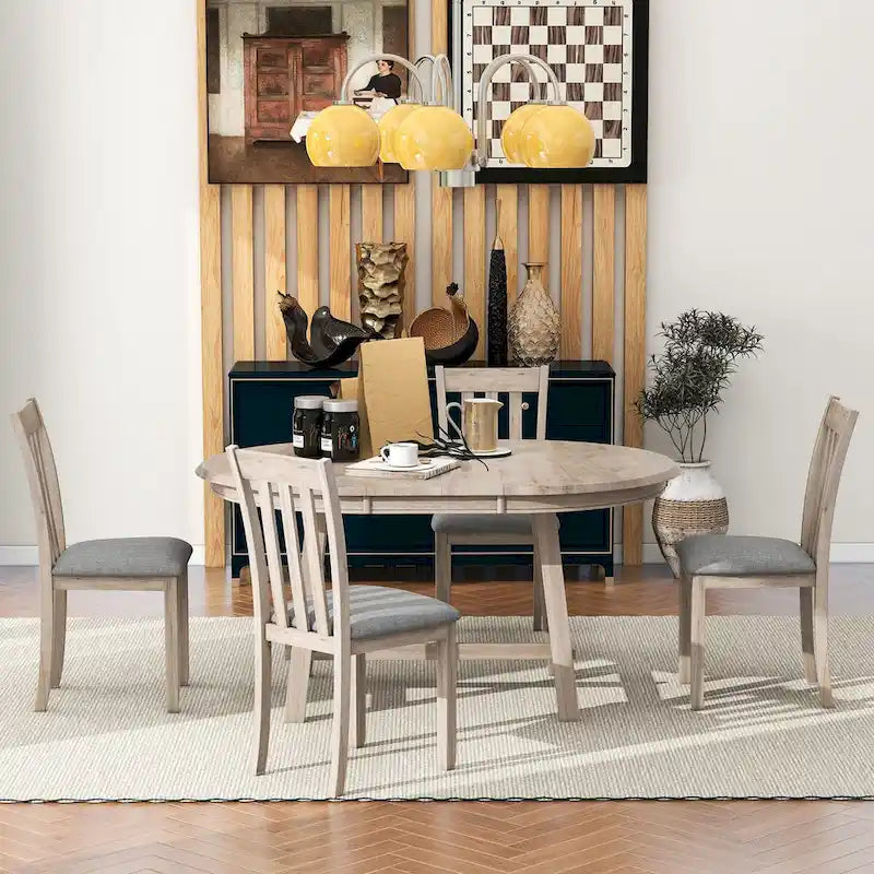 Ensemble table à manger et 4 chaises en bois, table ronde extensible, pour 4 personnes
