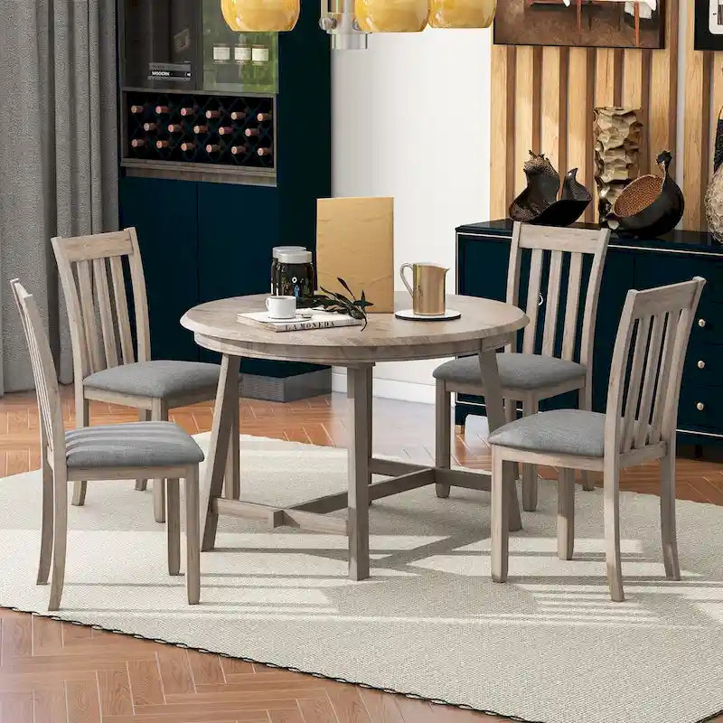 Ensemble table à manger et 4 chaises en bois, table ronde extensible, pour 4 personnes