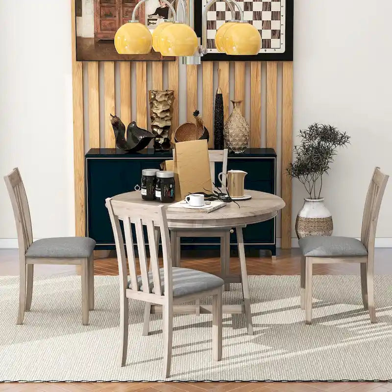 Ensemble table à manger et 4 chaises en bois, table ronde extensible, pour 4 personnes