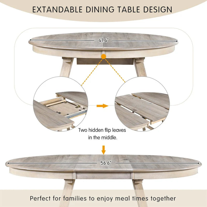 Ensemble table à manger et 4 chaises en bois, table ronde extensible, pour 4 personnes