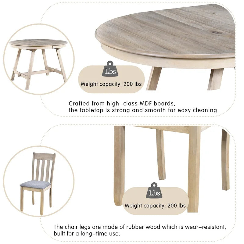 Ensemble table à manger et 4 chaises en bois, table ronde extensible, pour 4 personnes