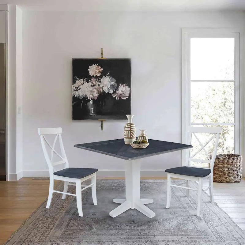 Table de salle à manger carrée en bois massif de 36 po avec 2 rallonges et 2 chaises de salle à manger