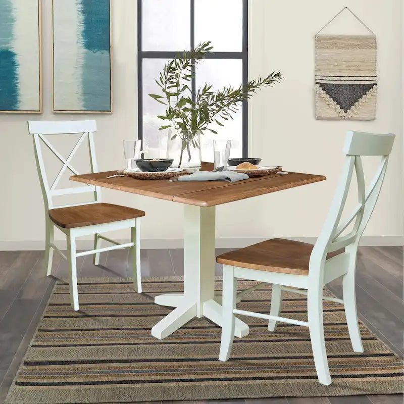 Table de salle à manger carrée en bois massif de 36 po avec 2 rallonges et 2 chaises de salle à manger