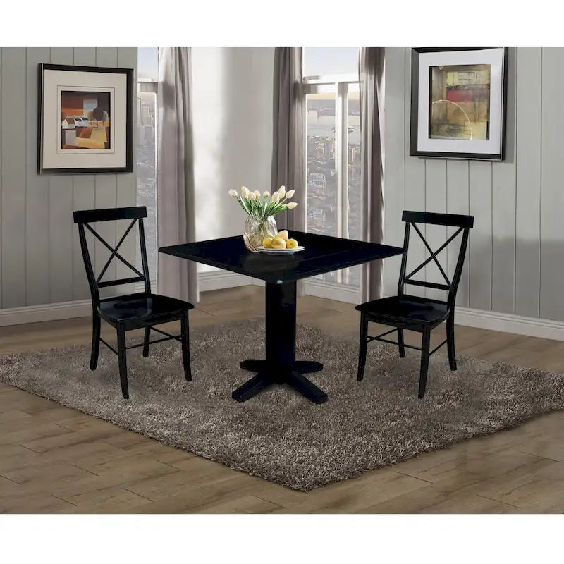 Table de salle à manger carrée en bois massif de 36 po avec 2 rallonges et 2 chaises de salle à manger