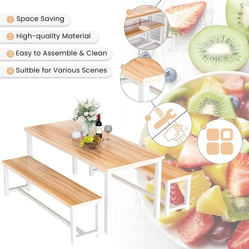 Ensemble de salle à manger charmant et de style simple avec une table et deux bancs, avec patins de protection, pour la cuisine et la salle à manger