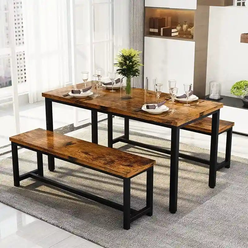 Ensemble de salle à manger charmant et de style simple avec une table et deux bancs, avec patins de protection, pour la cuisine et la salle à manger