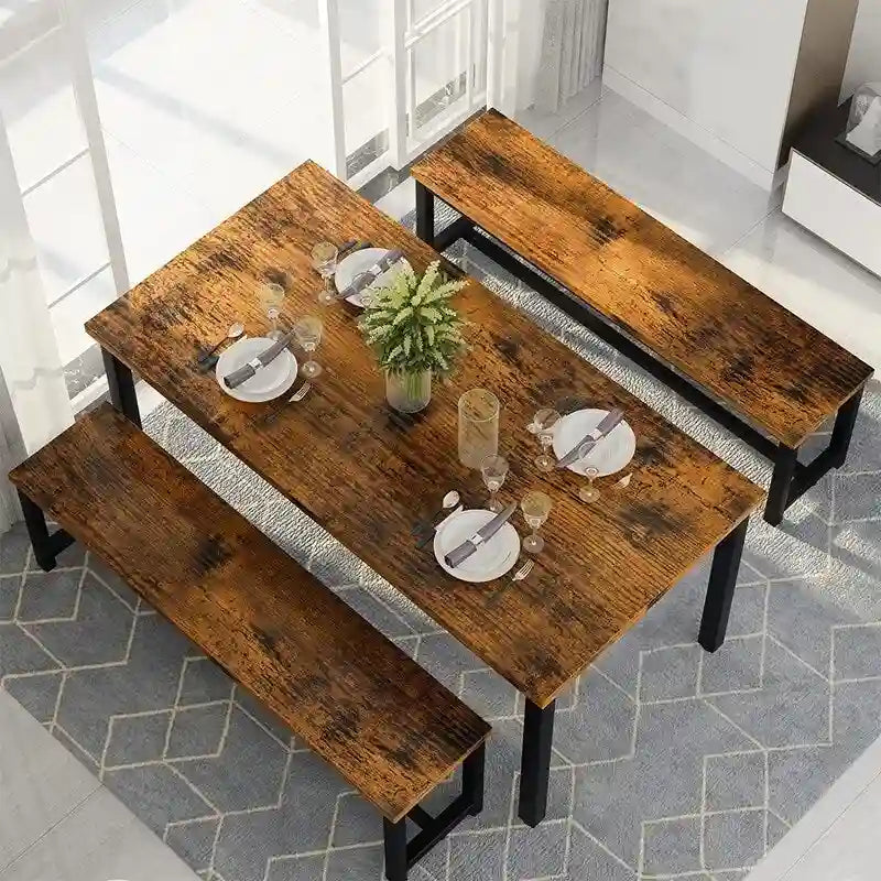 Ensemble de salle à manger charmant et de style simple avec une table et deux bancs, avec patins de protection, pour la cuisine et la salle à manger