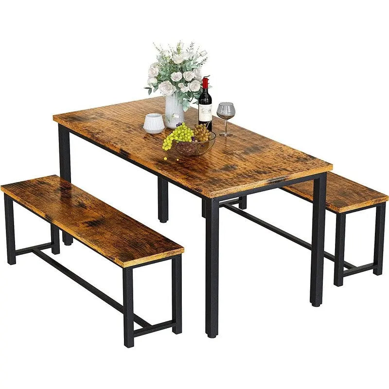 Ensemble de salle à manger charmant et de style simple avec une table et deux bancs, avec patins de protection, pour la cuisine et la salle à manger