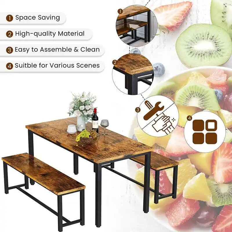 Ensemble de salle à manger charmant et de style simple avec une table et deux bancs, avec patins de protection, pour la cuisine et la salle à manger