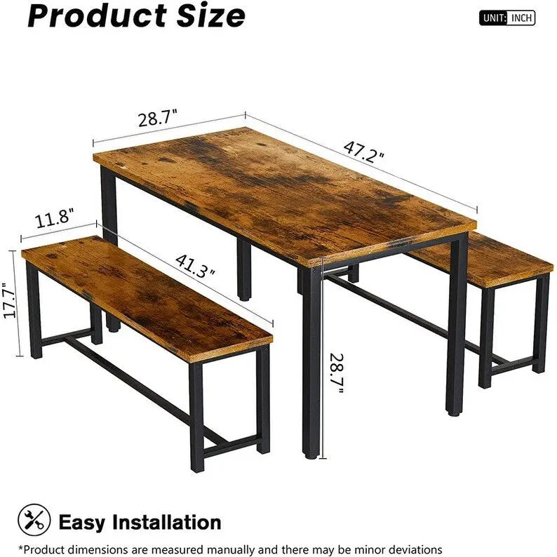 Ensemble de salle à manger charmant et de style simple avec une table et deux bancs, avec patins de protection, pour la cuisine et la salle à manger
