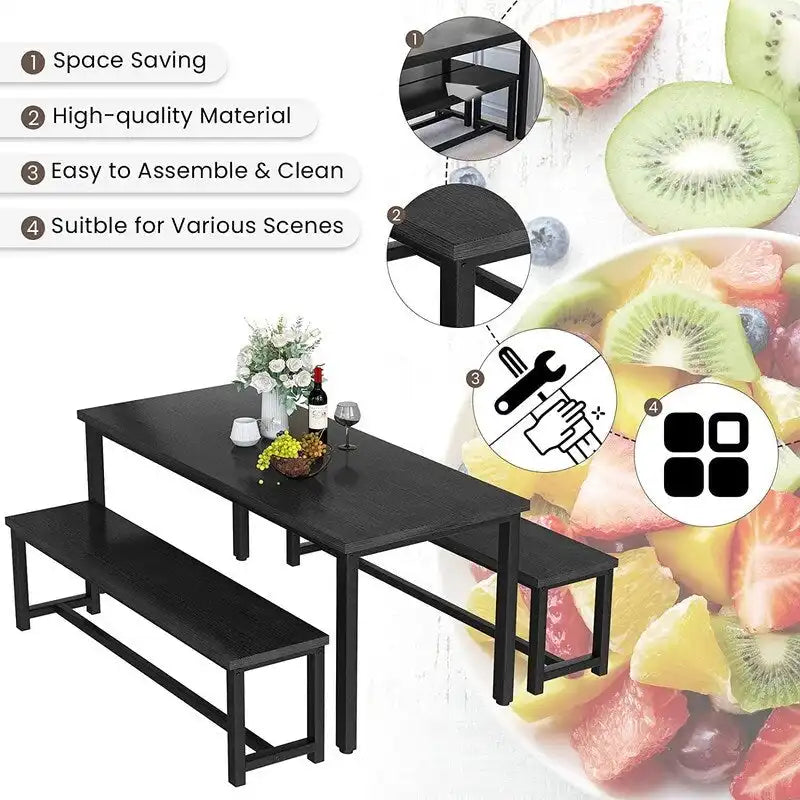 Ensemble de salle à manger charmant et de style simple avec une table et deux bancs, avec patins de protection, pour la cuisine et la salle à manger