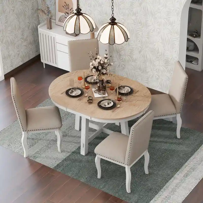Ensemble de salle à manger 5 pièces avec table à manger ronde extensible et chaises