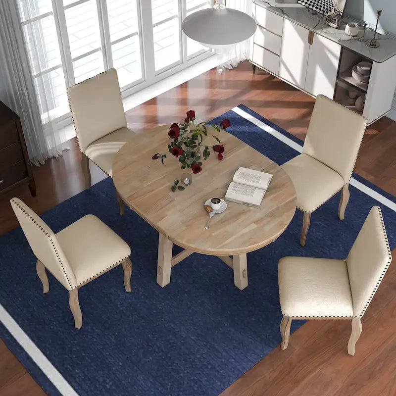 Ensemble de salle à manger 5 pièces avec table à manger ronde extensible et chaises