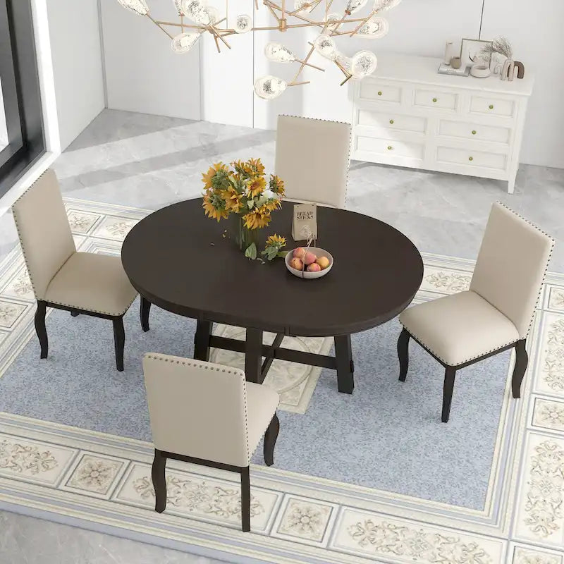 Ensemble de salle à manger 5 pièces avec table à manger ronde extensible et chaises
