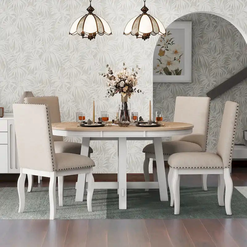 Ensemble de salle à manger 5 pièces avec table à manger ronde extensible et chaises