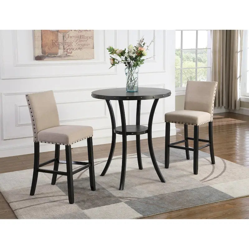 Table de bar ronde Biony 3 pièces 36 po au fini espresso avec 2 tabourets de pub en tissu beige clouté