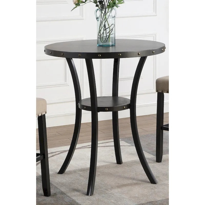 Table de bar ronde Biony 3 pièces 36 po au fini espresso avec 2 tabourets de pub en tissu beige clouté
