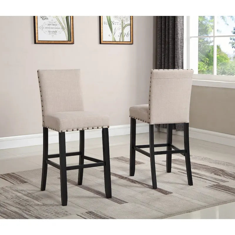 Table de bar ronde Biony 3 pièces 36 po au fini espresso avec 2 tabourets de pub en tissu beige clouté