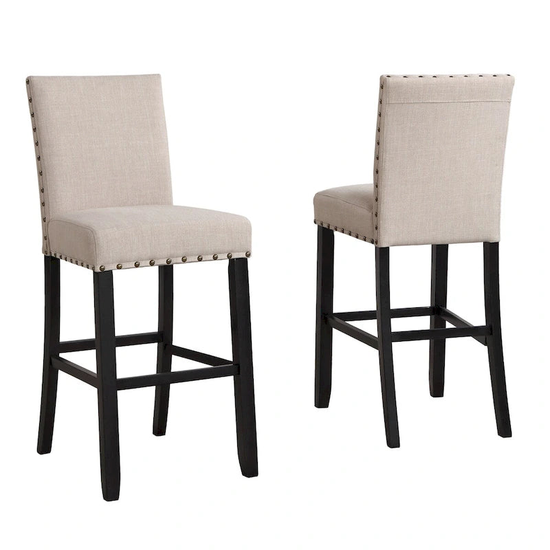 Table de bar ronde Biony 3 pièces 36 po au fini espresso avec 2 tabourets de pub en tissu beige clouté
