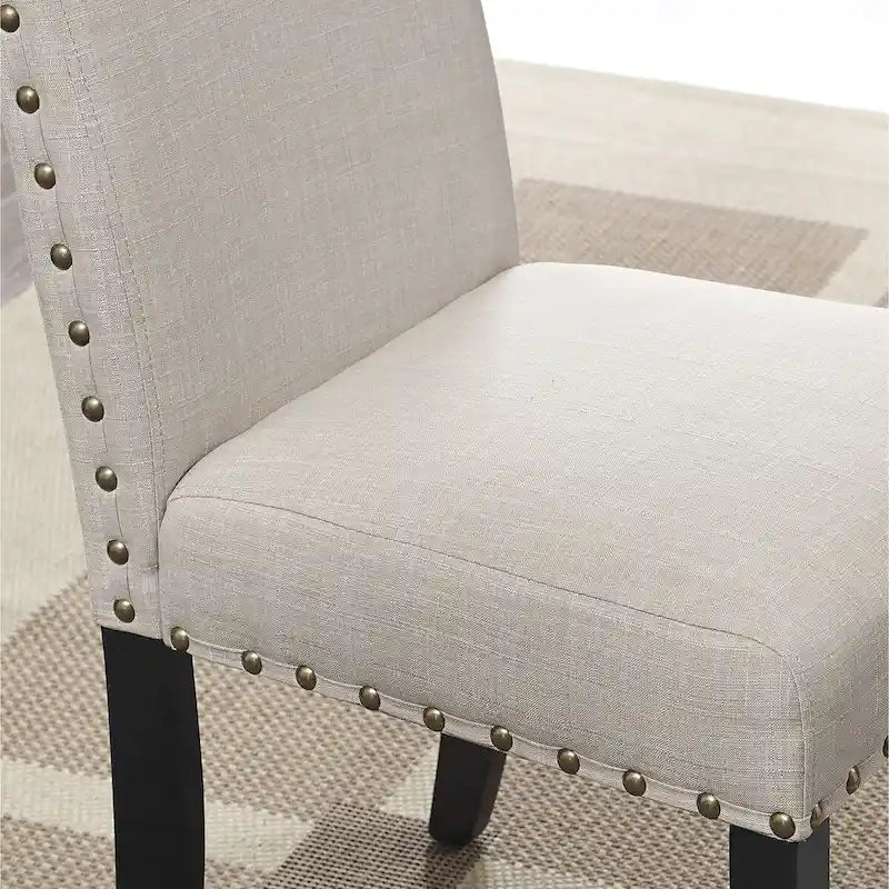 Table de bar ronde Biony 3 pièces 36 po au fini espresso avec 2 tabourets de pub en tissu beige clouté