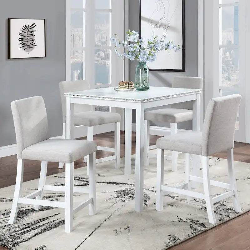 Ensemble de table à hauteur de comptoir 5 pièces, ensemble de table de cuisine en bois avec table carrée et 4 chaises rembourrées