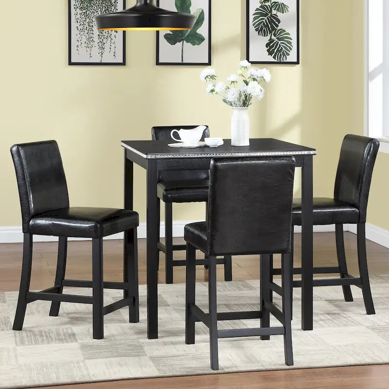 Ensemble de table à hauteur de comptoir 5 pièces, ensemble de table de cuisine en bois avec table carrée et 4 chaises rembourrées
