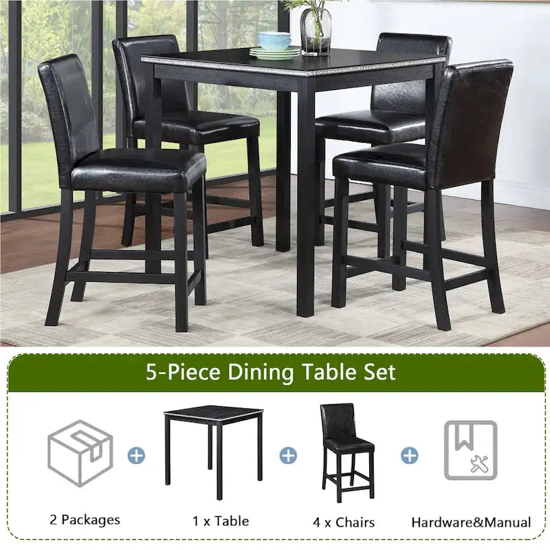 Ensemble de table à hauteur de comptoir 5 pièces, ensemble de table de cuisine en bois avec table carrée et 4 chaises rembourrées