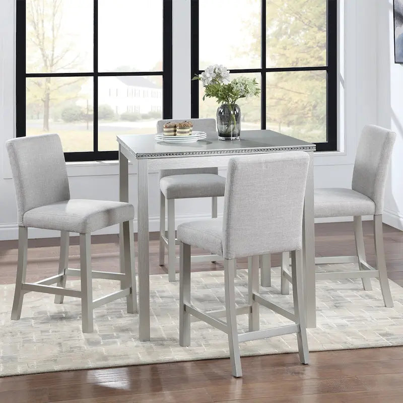 Ensemble de table à hauteur de comptoir 5 pièces, ensemble de table de cuisine en bois avec table carrée et 4 chaises rembourrées