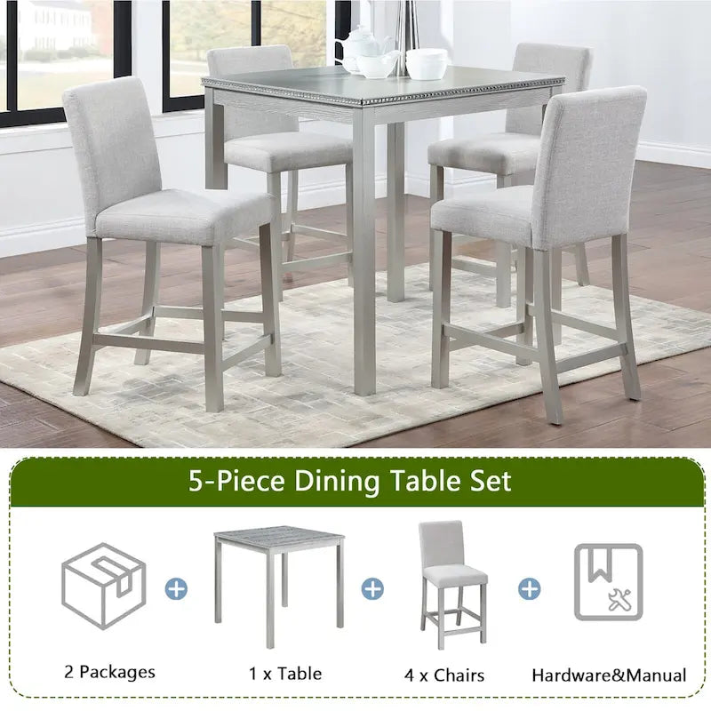Ensemble de table à hauteur de comptoir 5 pièces, ensemble de table de cuisine en bois avec table carrée et 4 chaises rembourrées