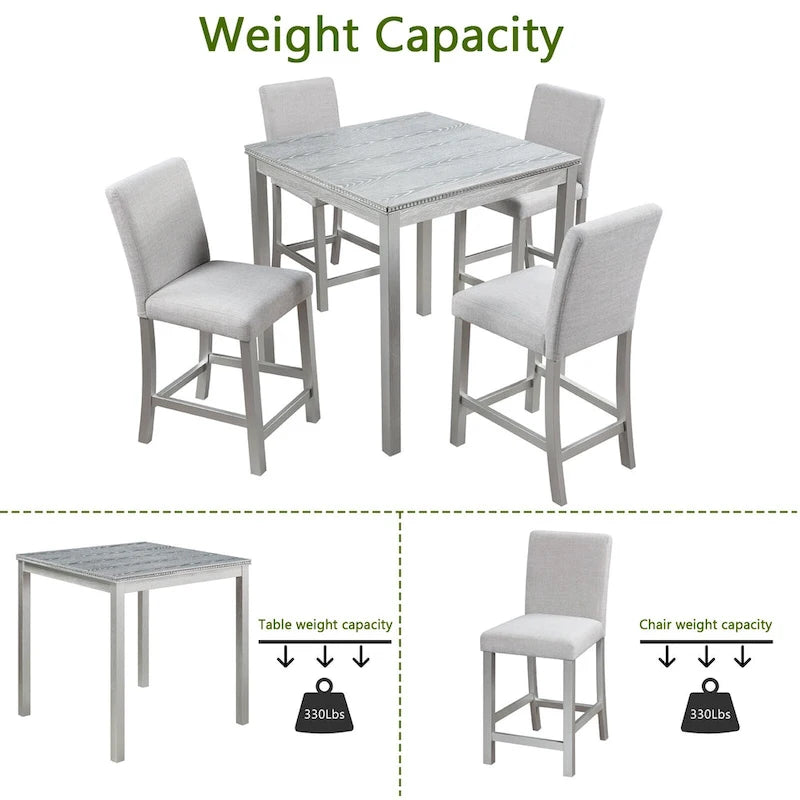 Ensemble de table à hauteur de comptoir 5 pièces, ensemble de table de cuisine en bois avec table carrée et 4 chaises rembourrées
