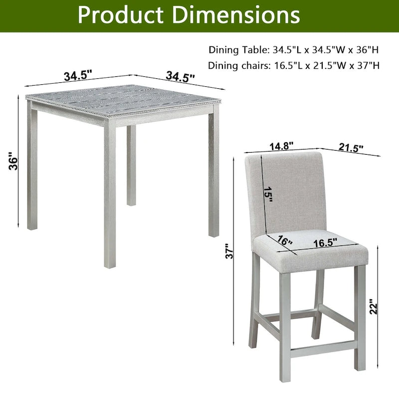 Ensemble de table à hauteur de comptoir 5 pièces, ensemble de table de cuisine en bois avec table carrée et 4 chaises rembourrées