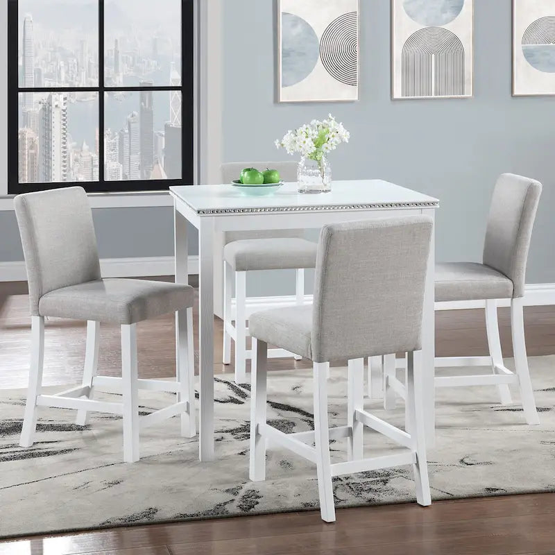 Ensemble de table à hauteur de comptoir 5 pièces, ensemble de table de cuisine en bois avec table carrée et 4 chaises rembourrées