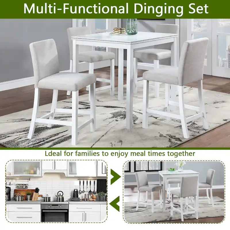 Ensemble de table à hauteur de comptoir 5 pièces, ensemble de table de cuisine en bois avec table carrée et 4 chaises rembourrées
