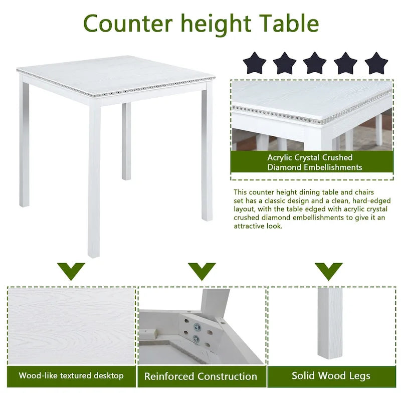 Ensemble de table à hauteur de comptoir 5 pièces, ensemble de table de cuisine en bois avec table carrée et 4 chaises rembourrées