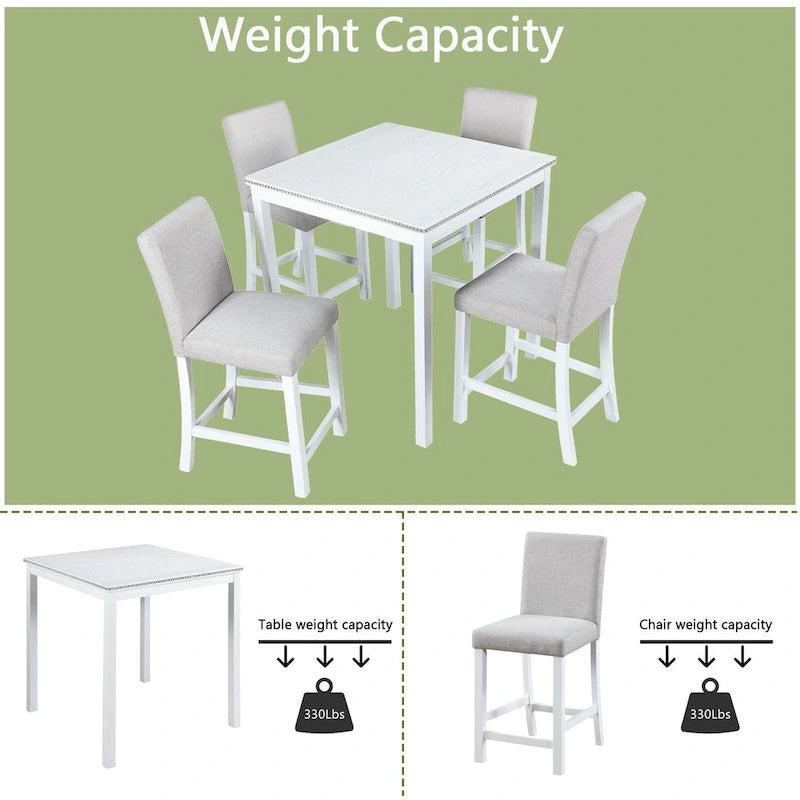 Ensemble de table à hauteur de comptoir 5 pièces, ensemble de table de cuisine en bois avec table carrée et 4 chaises rembourrées