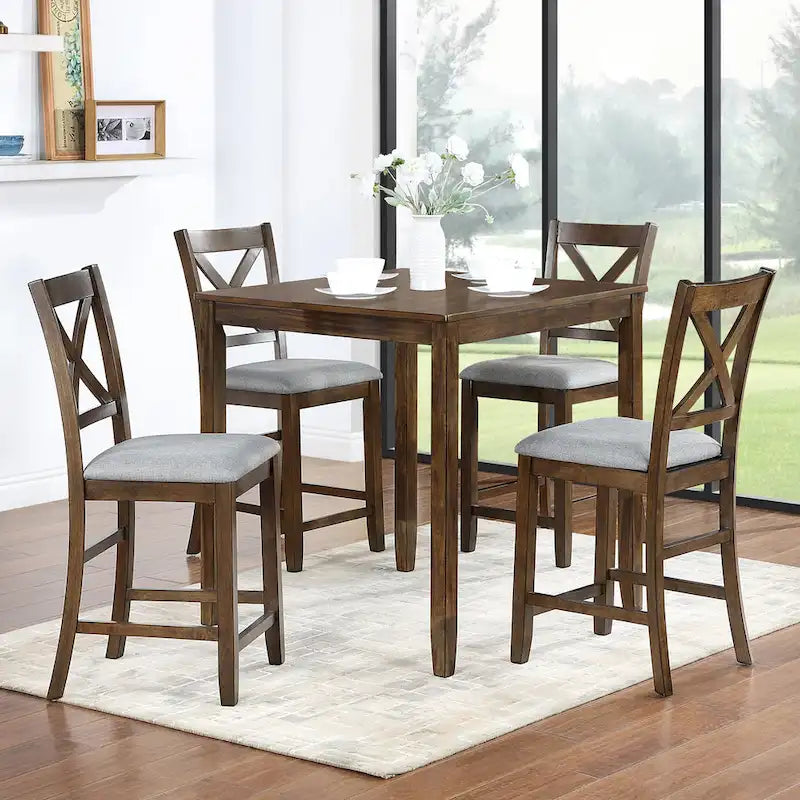 Ensemble de table à hauteur de comptoir 5 pièces, ensemble de table de cuisine en bois avec table carrée et 4 chaises rembourrées