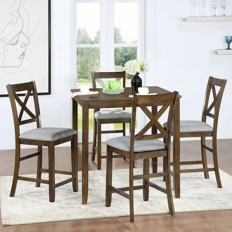Ensemble de table à hauteur de comptoir 5 pièces, ensemble de table de cuisine en bois avec table carrée et 4 chaises rembourrées