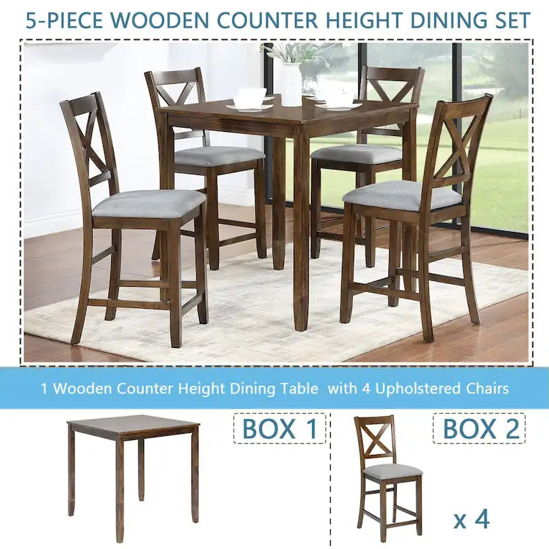 Ensemble de table à hauteur de comptoir 5 pièces, ensemble de table de cuisine en bois avec table carrée et 4 chaises rembourrées