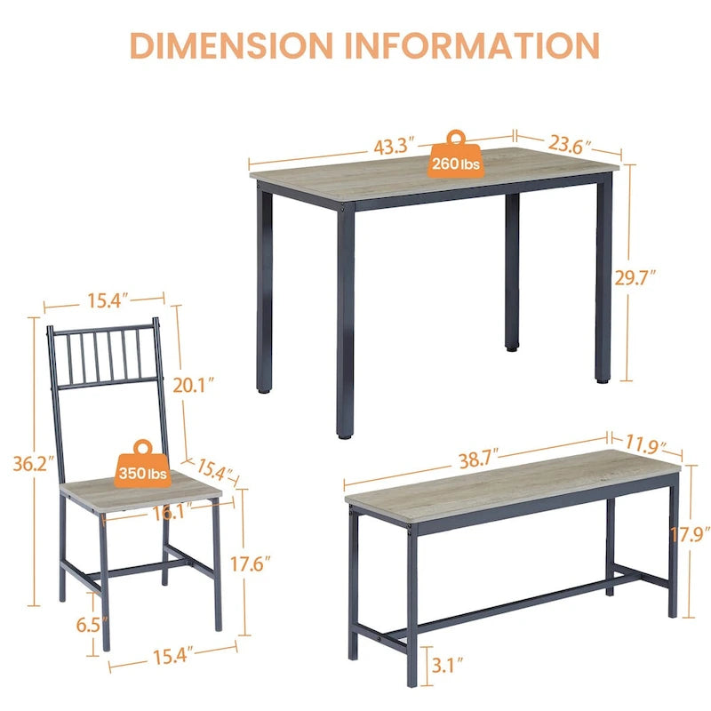 Ensemble de salle à manger 5 pièces, table à manger avec 2 bancs et 2 chaises