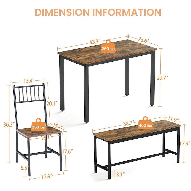 Ensemble de salle à manger 5 pièces, table à manger avec 2 bancs et 2 chaises