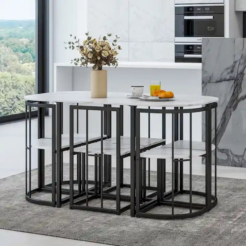 Ensemble table à manger 7 pièces moderne avec plateau imitation marbre compact